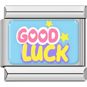 "Good Luck" with hearts and stars on blue Italian charm bracelet link