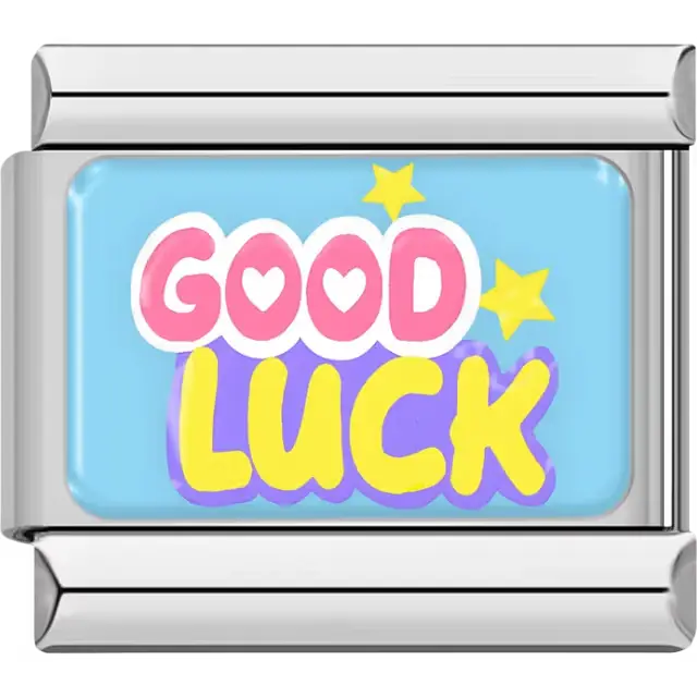 "Good Luck" with hearts and stars on blue Italian charm bracelet link