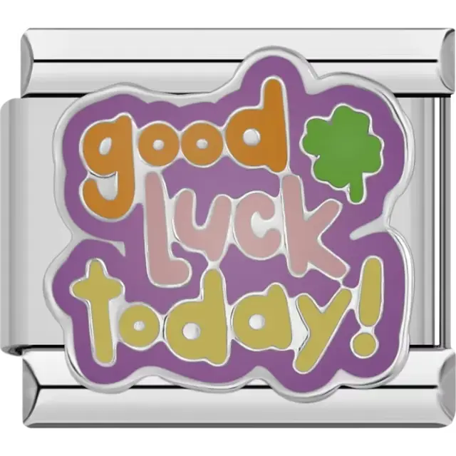 Multicolor "good luck today" text in orange yellow and pink with a green four-leaf clover on a purple background Italian charm bracelet link