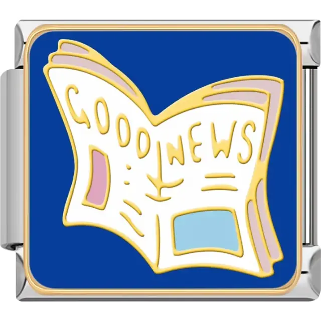 Open newspaper design with "GOOD NEWS" text in gold on a blue background Italian charm bracelet link