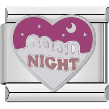 Purple and silver heart design with "Good Night" text, moon, and stars Italian charm bracelet link