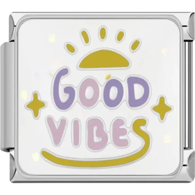 "Good Vibes" text in pastel purple and pink with a yellow sun and sparkly white background Italian charm bracelet link