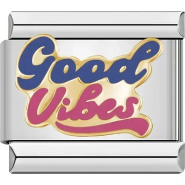 Gold "Good Vibes" text in blue and pink Italian charm bracelet link