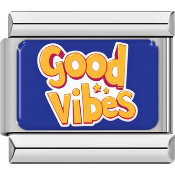 Yellow and orange words "Good Vibes" with stars on blue background Italian charm bracelet link