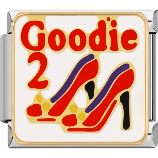 Blue with red, gold, and black "Friends Family Fun" text featuring a playful swirl accent Italian charm bracelet link