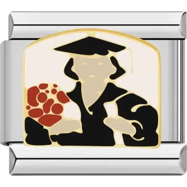 Graduate holding a red bouquet wearing a cap and gown Italian charm bracelet link