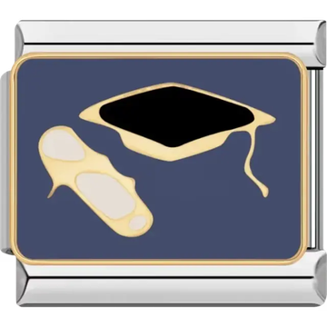 Black graduation cap and rolled diploma on a blue background Italian charm bracelet link