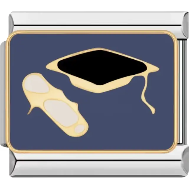 Black graduation cap and rolled diploma on a blue background Italian charm bracelet link