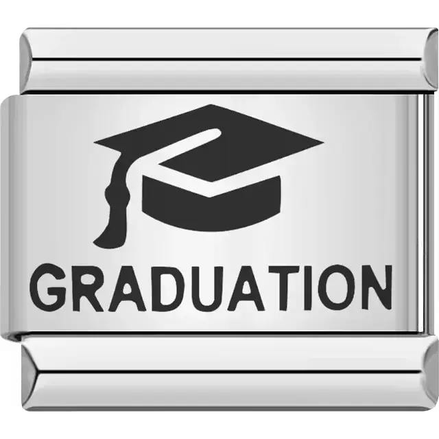 Black graduation cap with "GRADUATION" text in bold Italian charm bracelet link