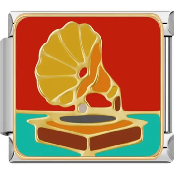 Gold gramophone with red and teal background Italian charm bracelet link