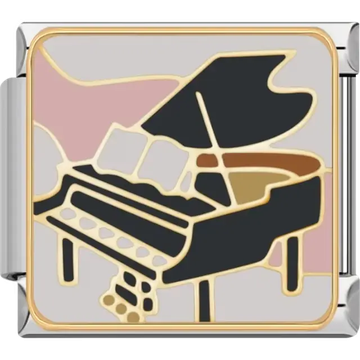 Grand piano design featuring black, gold, and beige tones with a soft pink background Italian charm bracelet link