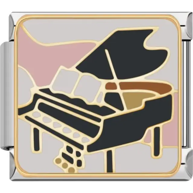Grand piano design featuring black, gold, and beige tones with a soft pink background Italian charm bracelet link