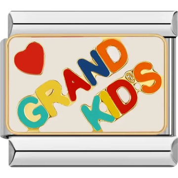 Red heart with colorful "Grand Kids" text on a cream background Italian charm bracelet link