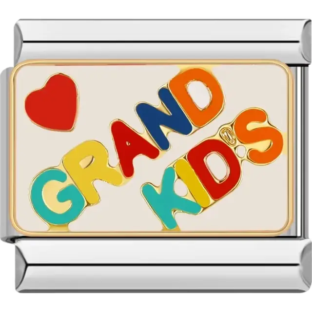 Red heart with colorful "Grand Kids" text on a cream background Italian charm bracelet link