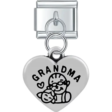 Heart with "Grandma" text grandparent child figures dangle Italian charm bracelet link
