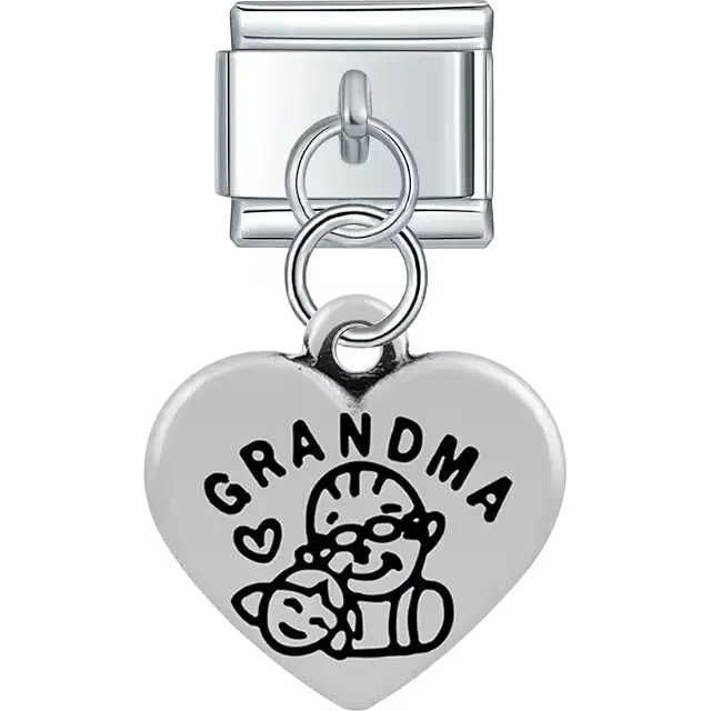 Heart with "Grandma" text grandparent child figures dangle Italian charm bracelet link