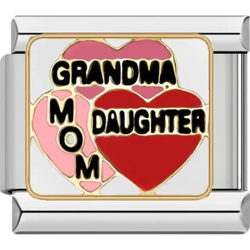 Three hearts with “Grandma,” “Mom,” and “Daughter” text in pink and red tones Italian charm bracelet link