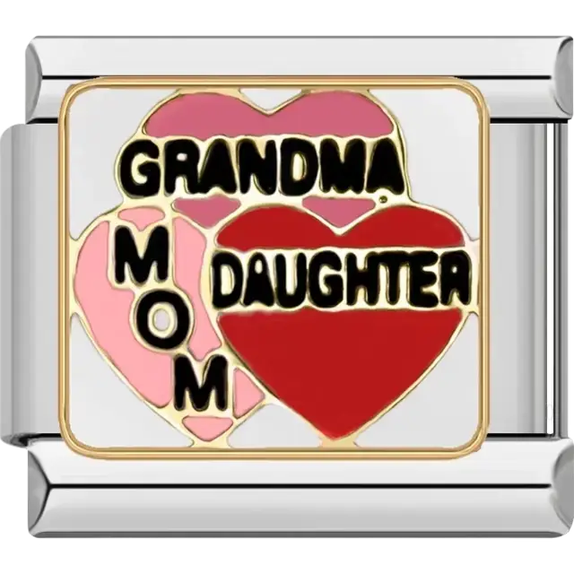 Three hearts with “Grandma,” “Mom,” and “Daughter” text in pink and red tones Italian charm bracelet link
