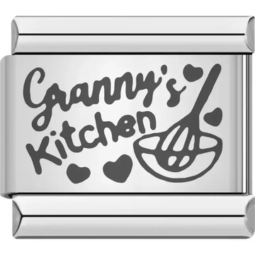 Black "Granny's Kitchen" text with hearts and a whisk bowl design Italian charm bracelet link