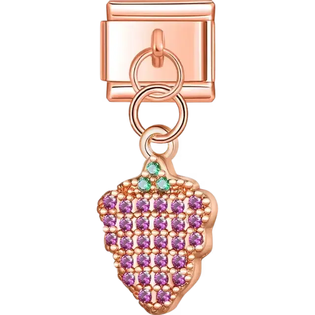 Cluster of pink stones with green stone-accented leaves Italian charm bracelet link