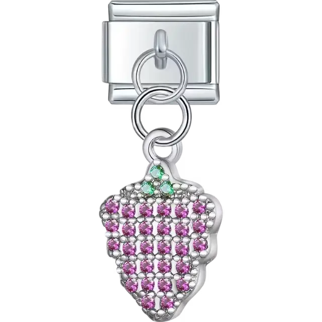 Cluster of pink stones with green stone-accented leaves Italian charm bracelet link