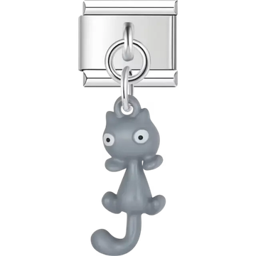 Gray cat with wide eyes and a curled tail Italian charm bracelet link