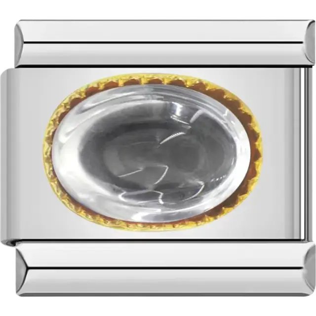 Gray oval gemstone in a gold bezel Italian charm bracelet link