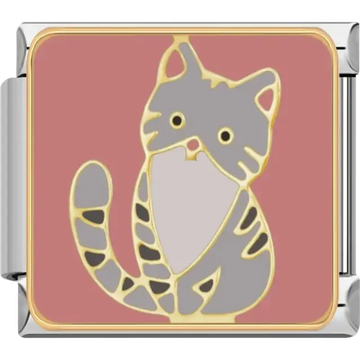 Gray tabby cat with gold trim on a pink background Italian charm bracelet link