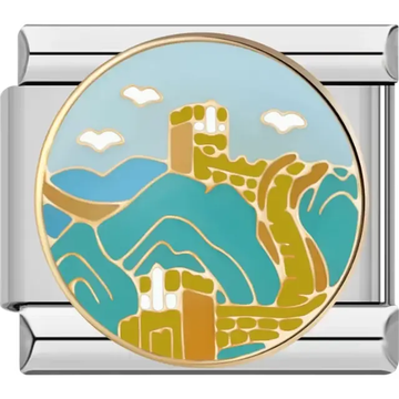 Great Wall of China with gold outlines and teal mountains under light blue sky Italian charm bracelet link