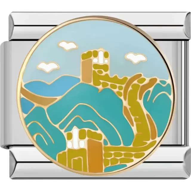 Great Wall of China with gold outlines and teal mountains under light blue sky Italian charm bracelet link