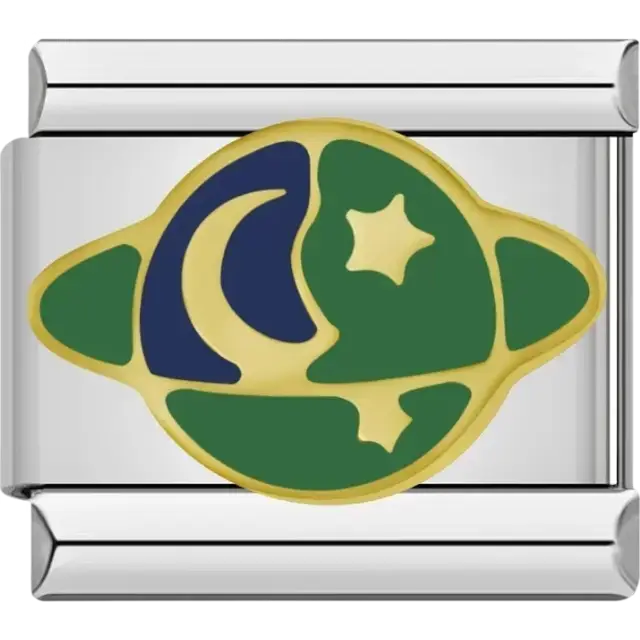 Green and blue planet with crescent moon and star Italian charm bracelet link