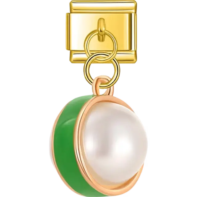 Dangle featuring a white pearl encased in a green and metallic band Italian charm bracelet link