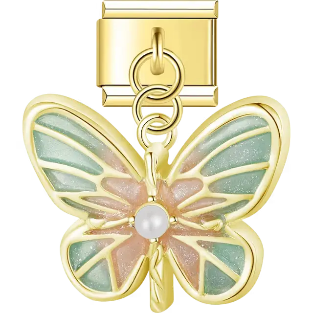 Gold trim butterfly with green and pink glitter enamel wings and pearl accent Italian charm bracelet link