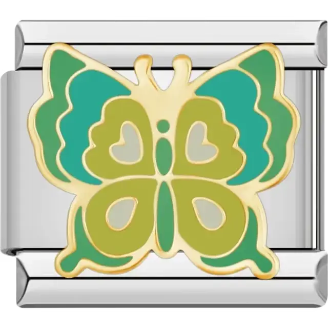 Gold-trimmed butterfly with green and teal wings Italian charm bracelet link