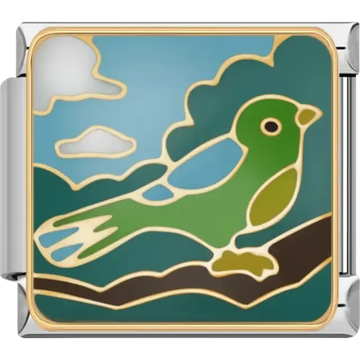 Green and blue bird perched on a branch with a cloudy sky background Italian charm bracelet link