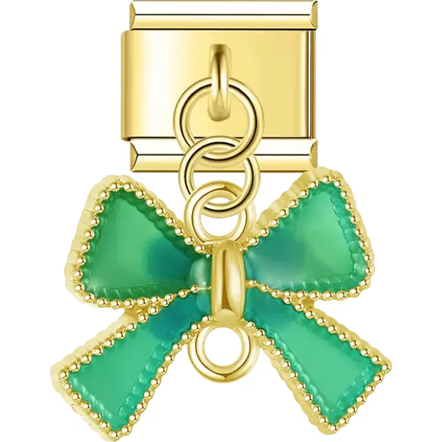 Green bow on gold tone Italian charm bracelet link