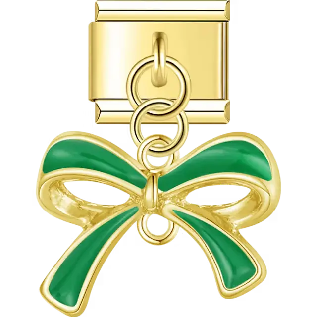 Green bow dangle Italian charm bracelet link