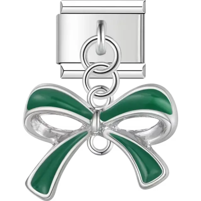 Green bow dangle Italian charm bracelet link