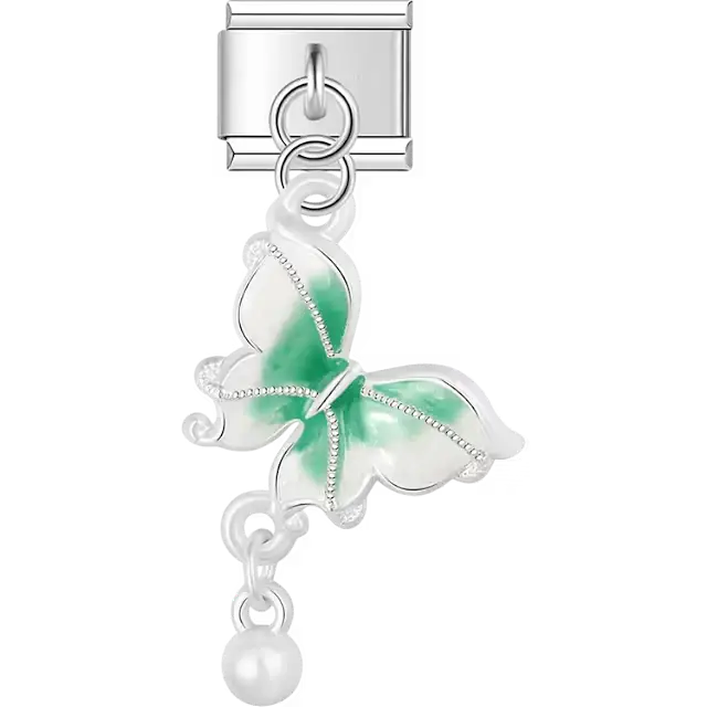White butterfly with green center accents and pearl drop dangle Italian charm bracelet link