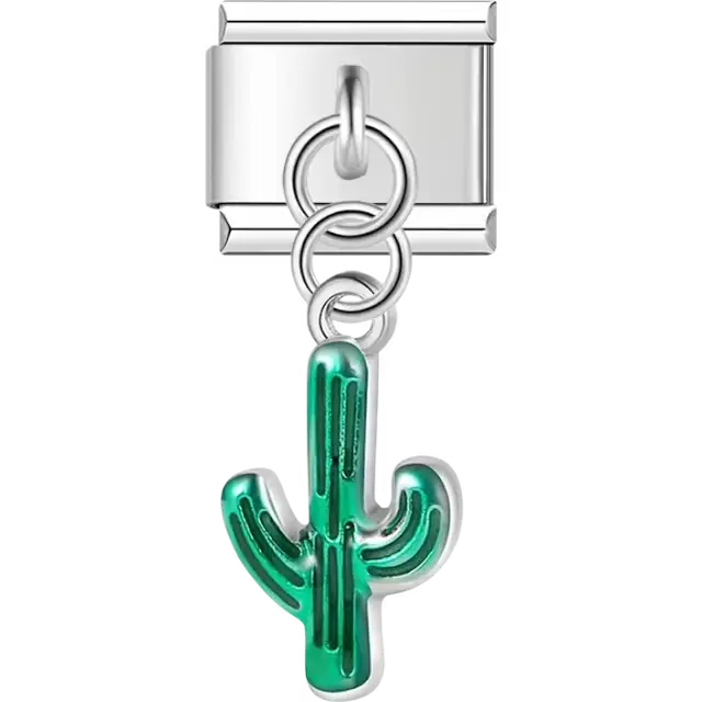 Green cactus dangle design Italian charm bracelet link
