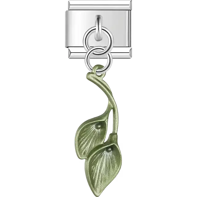 Green metallic calla lily flowers stem dangle Italian charm bracelet link