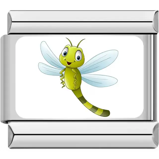 Cartoon lime green dragonfly with light blue wings Italian charm bracelet link