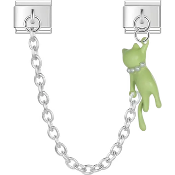 Green cat dangle design with silver safety chain and pearl collar accent Italian charm bracelet link