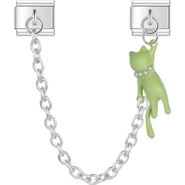 Green cat dangle design with silver safety chain and pearl collar accent Italian charm bracelet link