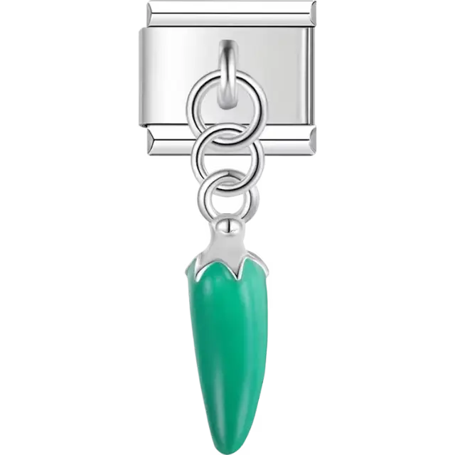 Green chili pepper with silver stem Italian charm bracelet link