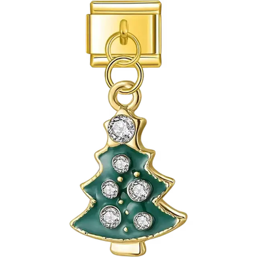 Green Christmas tree with gold outline crystal accents and star topper dangle design Italian charm bracelet link