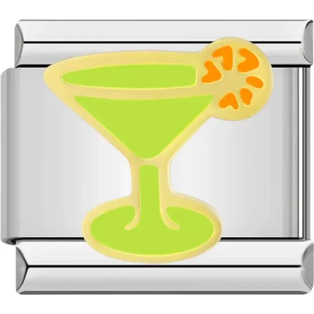 Bright green cocktail glass with an orange slice garnish Italian charm bracelet link