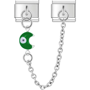 Green crescent moon with a white and black evil eye connected by a safety chain Italian charm bracelet link