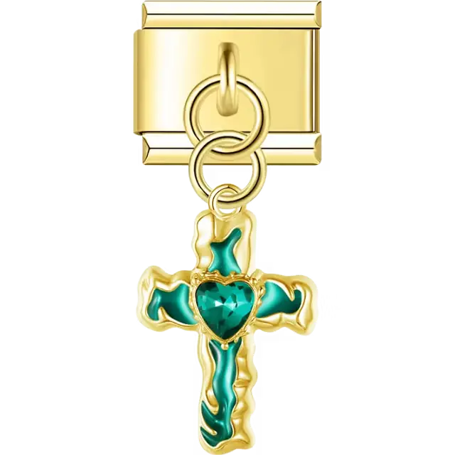 Cross with green detailing and a green heart-shaped crystal at the center in a dangle design Italian charm bracelet link