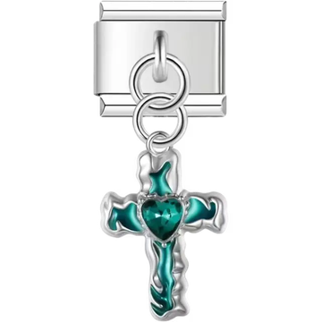 Cross with green detailing and a green heart-shaped crystal at the center in a dangle design Italian charm bracelet link